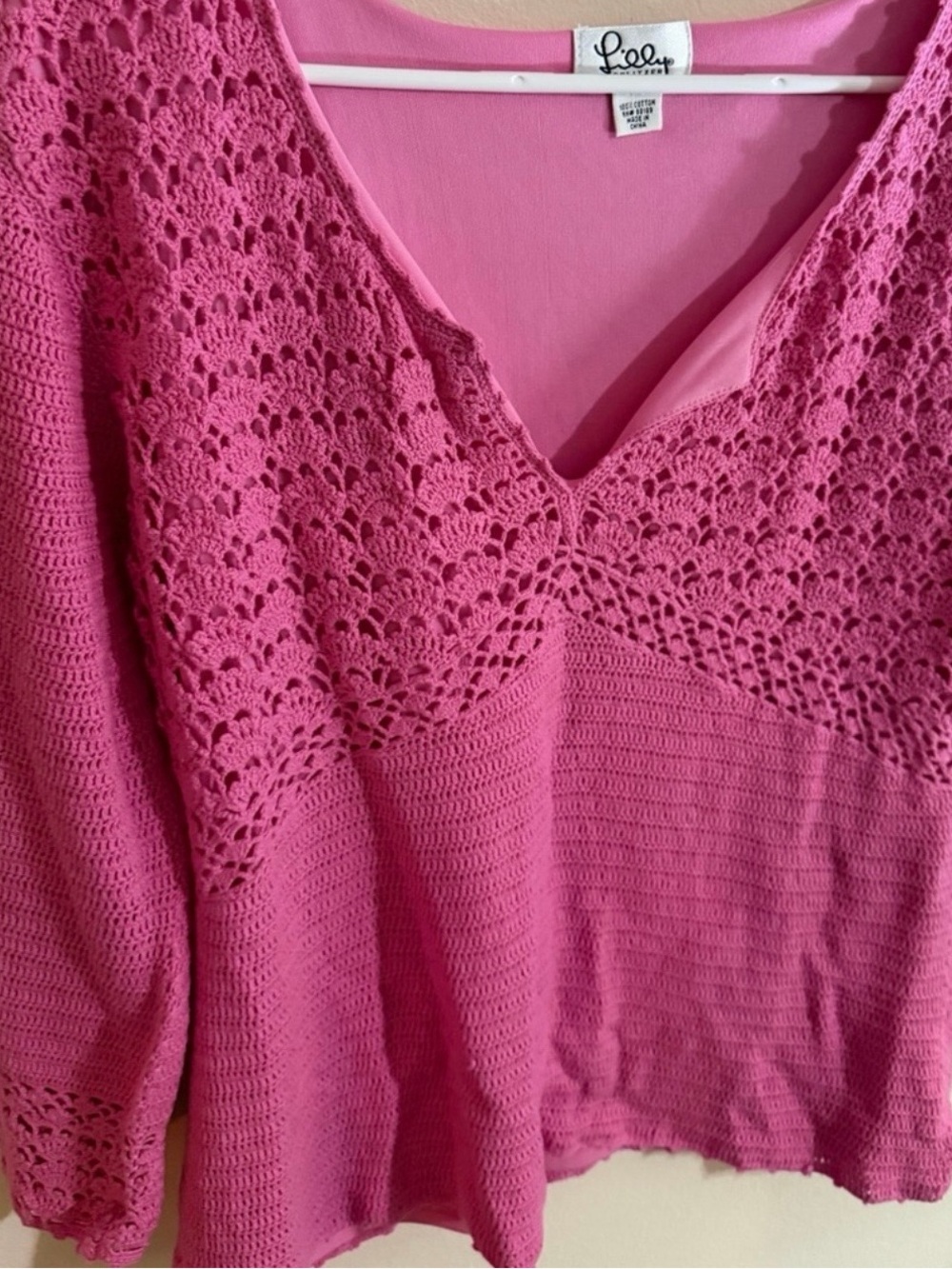 Lilly Pulitzer Size XL Pink Crochet V-Neck Women's Sweater